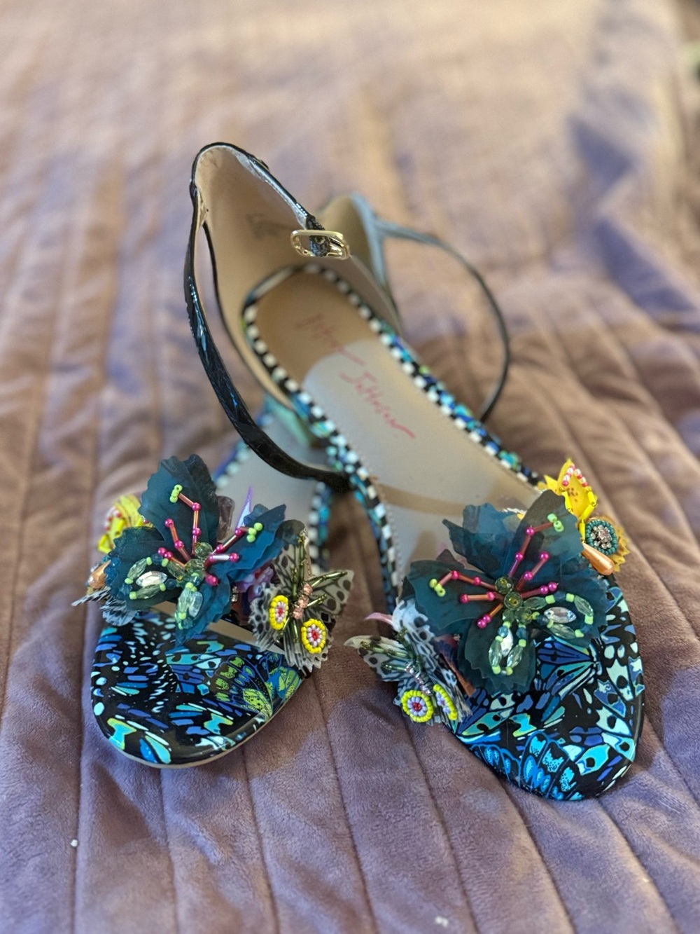 Betsey Johnson Blue Floral Beaded Ankle-Strap Sandals